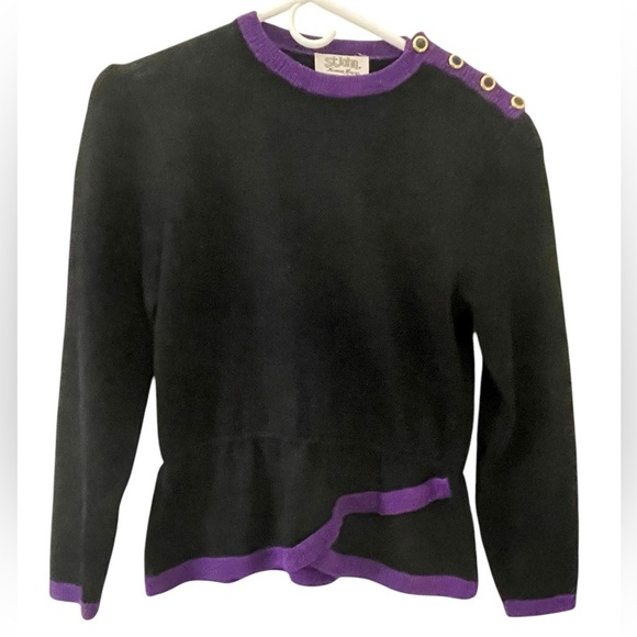 Vintage St. John Purple Trim Peplum Sweater Small Old Money Shoulder Buttons - Picture 1 of 5